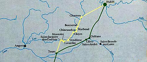 de 2 wegvarianten van Parijs naar Tours. De weg via Chartres is geel gekleurd