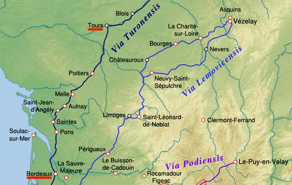 de 'Via Turonensis' vanaf Tours tot Bordeaux