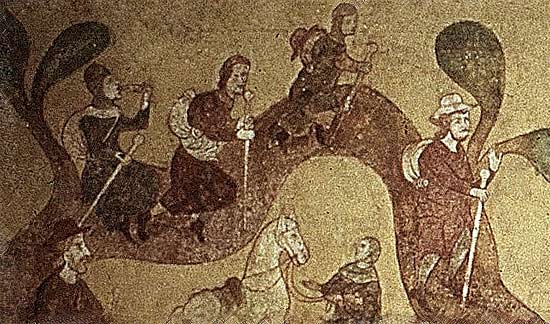 Een groep pelgrims. Fresco, 13de eeuw.