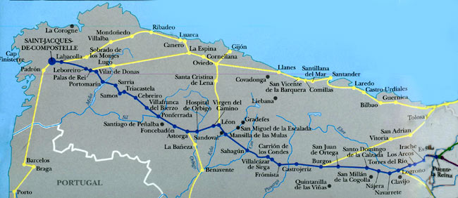 kaart met de kustweg en de landweg in Spanje naar Compostela