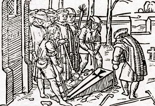 Begrafenis van een pelgrim. Ets, 14de eeuw.