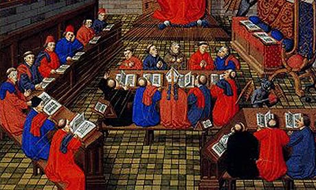Kerkelijke rechtbank. Miniatuur, 1449. Brussel, Kon. Bibl.