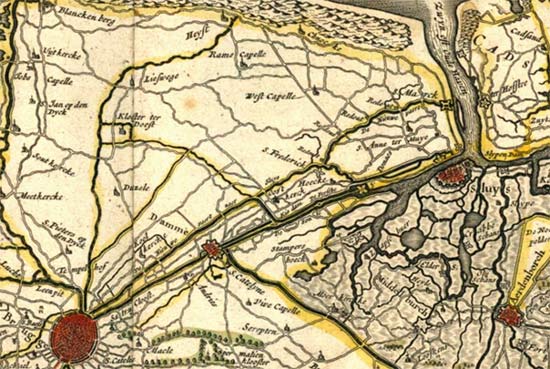 kaart van de Zwinstreek. W. en J. Blaeu, 1635, Flandriae Teutonicae Pars Orientalior.