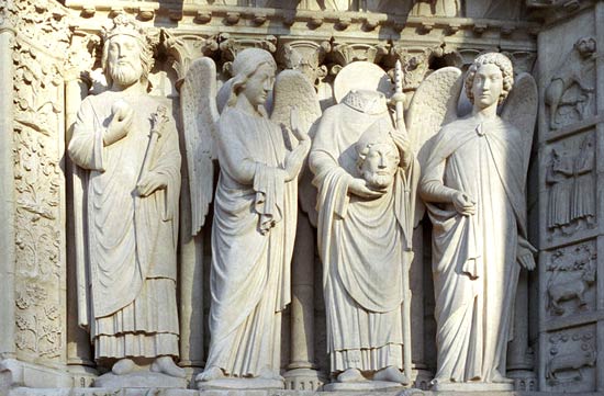 Saint Denis (2de van rechts). Parijs, Notre-Dame, westportaal