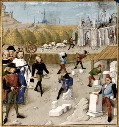 koning Dagobert I bezoekt de bouwwerken van de abdij in St. Denis. Miniatuur van R. Testard, 15de eeuw. Paris, Bibl. Nat.