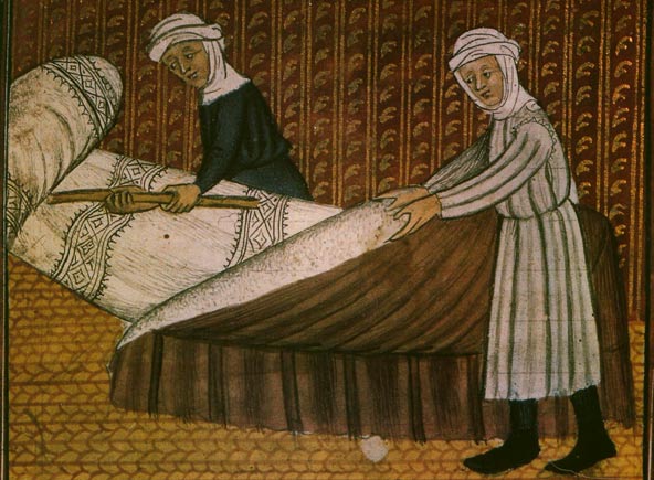 gasthuiszusters maken de bedden klaar voor pelgrims. Miniatuur, 15de eeuw. Parijs, Bibl. Ste-Geneviève