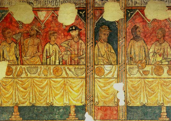 pelgrims gastvrij ontvangen. Fresco, 13de eeuw. Lerida, Seu Villa klooster, refter