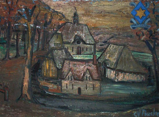 reconstructie-schilderij van het Gasthuis ten Bunderen in Moorslede. G. Van Poucke (1969)