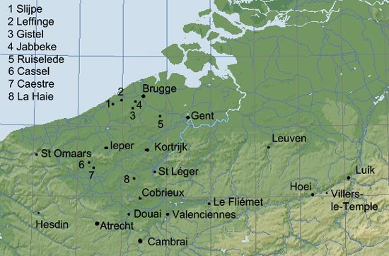 kaart met nederzettingen van Tempeliers in onze streken