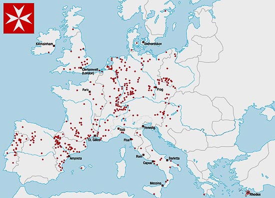 kaart met vestigingsplaatsen van Johannieters in de 13de eeuw