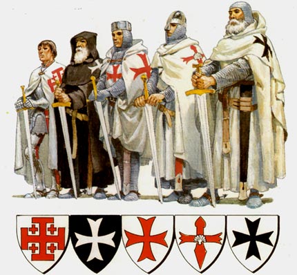 de grote middeleeuwse ridderorden. Vlnr. de Ridders van het H. Graf, de Hospitaalridders van St. Jan, de Tempelridders, de Ridders van St. Jakob van het Zwaard en de Teutoonse Ridders.