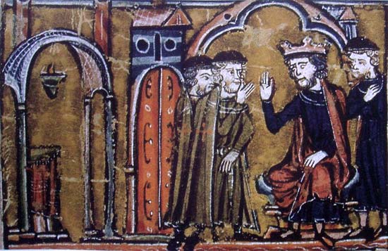 Hugues de Payens en Godfried van St. Omaars bij Boudewijn II, koning van Jeruzalem. Miniatuur, 13de eeuw