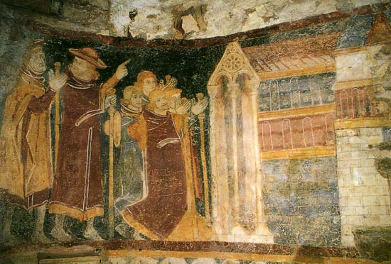aankomst van pelgrims bij een heiligdom. Fresco, 13de eeuw. Brancion (Fr.)