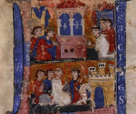 pelgrims en kruisvaarders bij de H. Grafkerk in Jeruzalem. Miniatuur, 13de eeuw. Parijs, BN