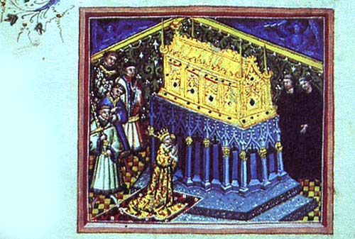 de koning van Engeland in gebed bij het reliekschrijn van de H. Edmund