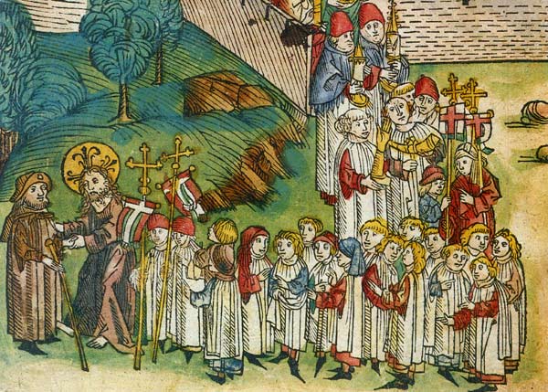processie in pelgrimsoord. Ingekleurde houtsnede. Parijs, Bibl. Arts Décoratifs