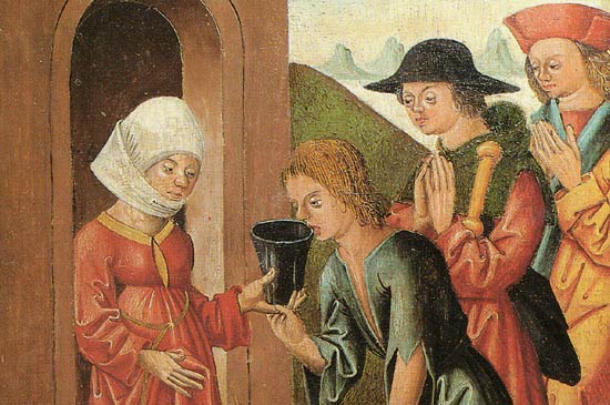 de dorstigen laven, een van de 7 werken van barmhartigheid. Fragment, schilderij, 1485