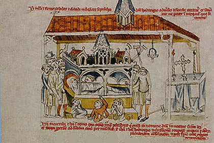 zieken bij het graf van de H. Hedwig. Miniatuur, 1353. Los Angeles, Getty Museum
