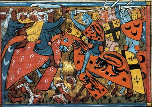 middeleeuwse miniatuur die de strijd tussen kruisvaarders en Saracenen afbeeldt