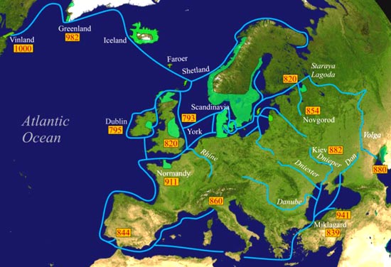 veroveringstochten en woongebieden van de Vikings