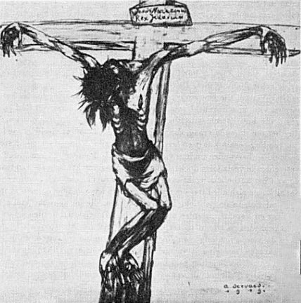 Jezus' kruisdood, een van de 14 staties van de kruisweg. Albert Servaes, Houtskooltekening, 1919