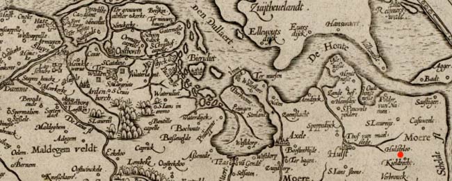Het verdwenen Hulsterloo (aangeduid met rode stip) op kaart van 1602.