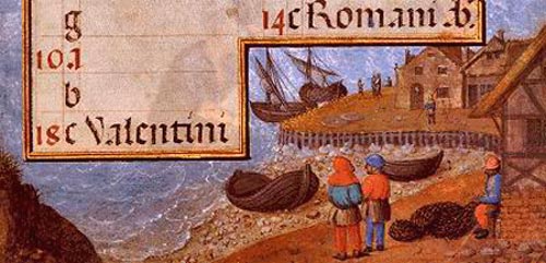 haventje aan de Noordzee. Kalender-miniatuur. Simon Bening. ca 1530 (München, Bayerische Staatsbibliothek)
