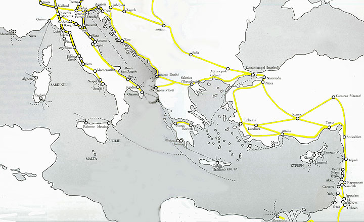 kaart met de reisroutes over land en in de Middellandse Zee naar het H. Land