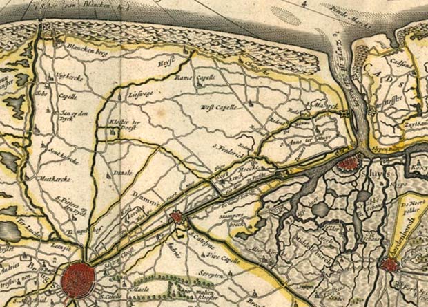 De middeleeuwse havens Brugge, Damme en Sluis aan het Zwin, dat op deze kaart van 1635 al is verzand tot bijna in Sluis. (W. en J. Blaeu, Flandriae Teutonicae Pars Orientalior)