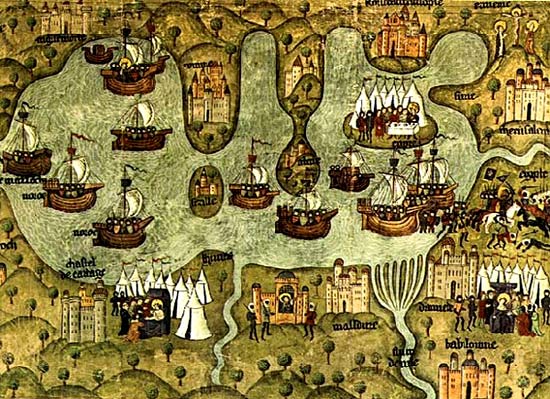Middeleeuwse kaart met maritiem verkeer in het Middellandse Zeegebied