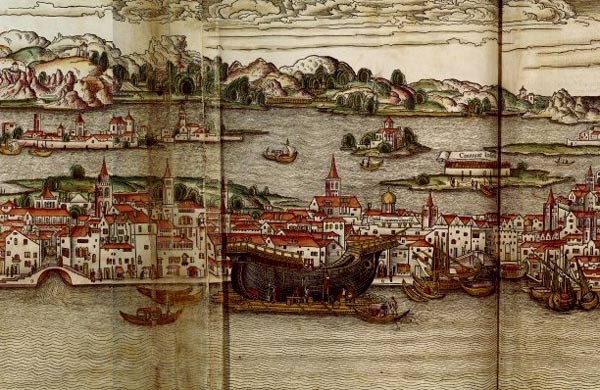 Zeilschip aan de kade in Venetië. Uit 'Peregrinatio in terram sanctam', Bernhard von Breydenbach, 1486