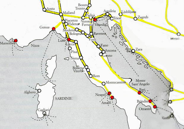havensteden in Italië en Zuid-Frankrijk waar pelgrims voor het H. Land inscheepten
