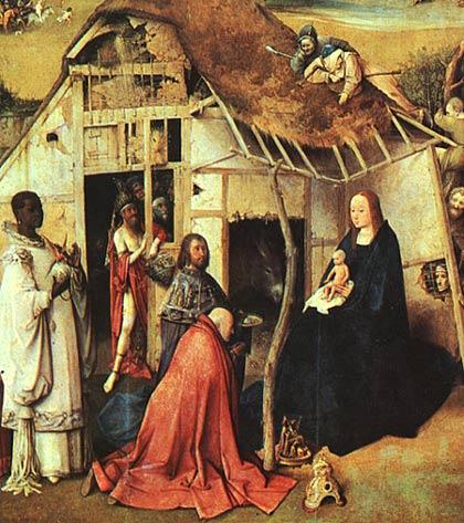 Aanbidding der Wijzen. Hieronymus Bosch, 1510. Middenpaneel van Epiphanie-tryptiek. Madrid, Prado.