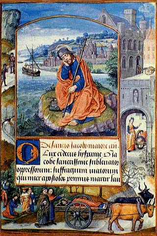 Begrafenis met ossenkar van een ex-pelgrim. Bovenaan zit St.-Jakob. Vlaamse miniatuur van ca 1500 (Oxford, Bodleian Library) 