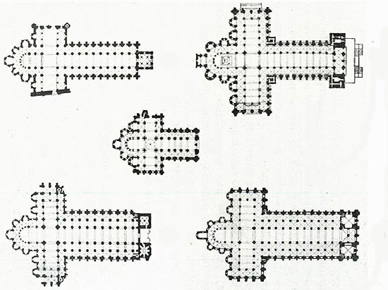 plattegrond van de bedevaartskerken van Limoges (links boven), Santiago (rechts boven), Conques (midden), Tours (links onder) en Toulouse (rechts onder)