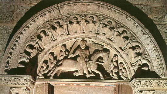 De slag van Clavijo. Timpaan in de kathedraal van Santiago de Compostela, ca 1230