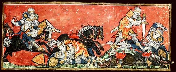 taferelen uit de slag van Roncesvalles met ridder Roeland. Spiegel Historiael. Miniatuur, 1325. Brussel, Nat. Bibl.
