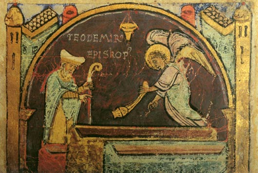 bisschop Theodemir van Iria Flavia bij Jakob's graf. Miniatuur, 12de of 13de eeuw. Compostela, kathedraal-archief