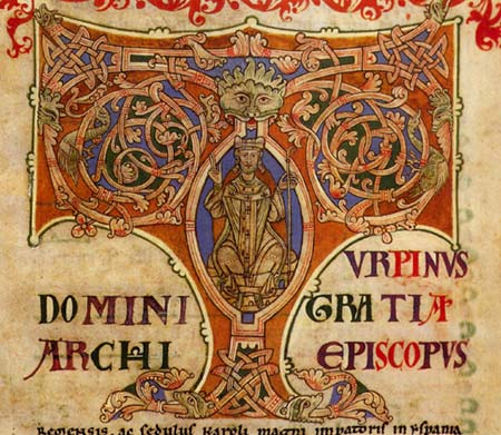Voorpagina van de Kroniek van de Pseudo-Turpijn. Miniatuur, 12de eeuw. Compostela, kathedraal