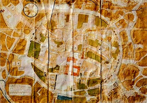 11de eeuwse plattegrond van Santiago de Compostela, met 7 poorten in de cirkelvormige stadsmuuur.