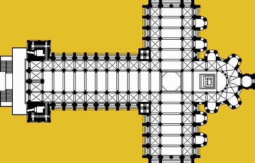 plattegrond van de 12de eeuwse bedevaartskerk van Compostela