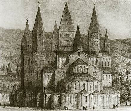 de kerk van de abdij van Cluny. E. Sagot, 16de eeuw. Lithografie. Parijs, Bibl. Nat.
