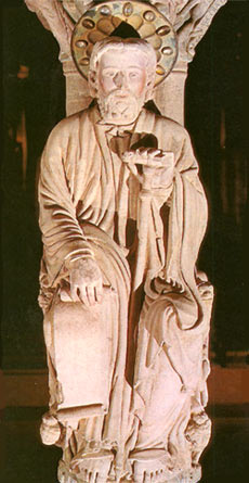 zittende Jacobus verwelkomt de pelgrims. 12de eeuw. Santiago, St.-Jakobskathedaal, Gloriaportaal