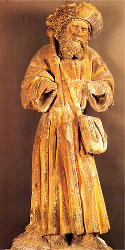 Jacobus als pelgrim. Stenen beeld, 15de eeuw. Parijs, Louvre.