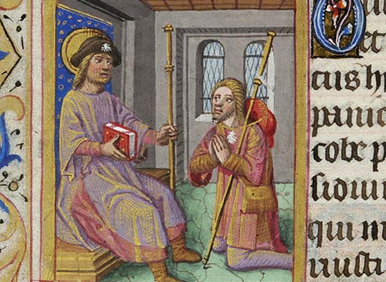 Pelgrim knielend voor Jacobus. Miniatuur, getijdenboek, ca. 1485.