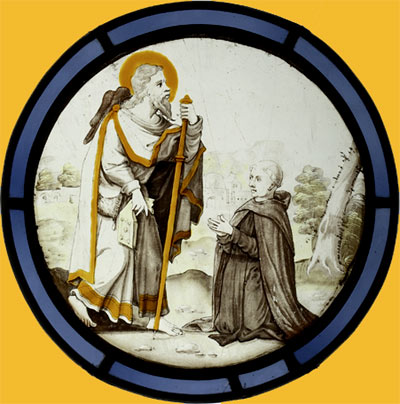 De pelgrim Jacobus en monnik. Glasraam, 16de eeuw. Antwerpen, Maagdenhuismuseum 