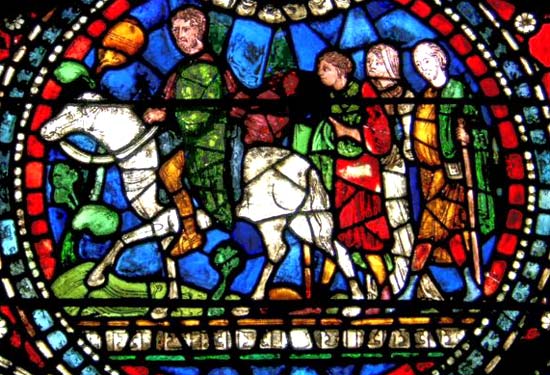 Pelgrims te voet en te paard. Glasraam, 13de eeuw. Canterbury, kathedraal