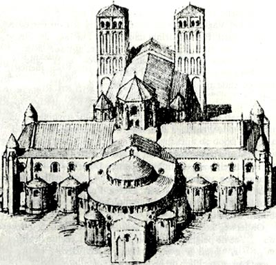 maquette van de 12de eeuwse romaanse basiliek. (K. J. Conant)