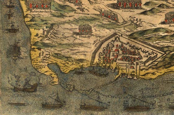 De haven van Famagusta op het eiland Cyprus. Simon Pinargenti, 1573.