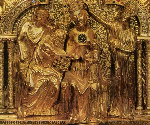 Aanbidding der Wijzen. Detail Mariaschrijn (begin 13de eeuw), ook van Nicolaas van Verdun. Doornik, kathedraal, schatkamer.